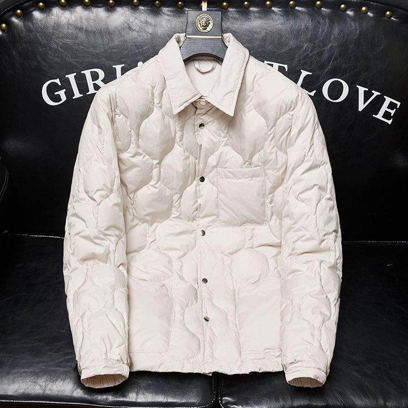 高端潮牌冬季新款时尚羽绒服男轻薄衬衫领白鸭绒外套休闲棉服外套