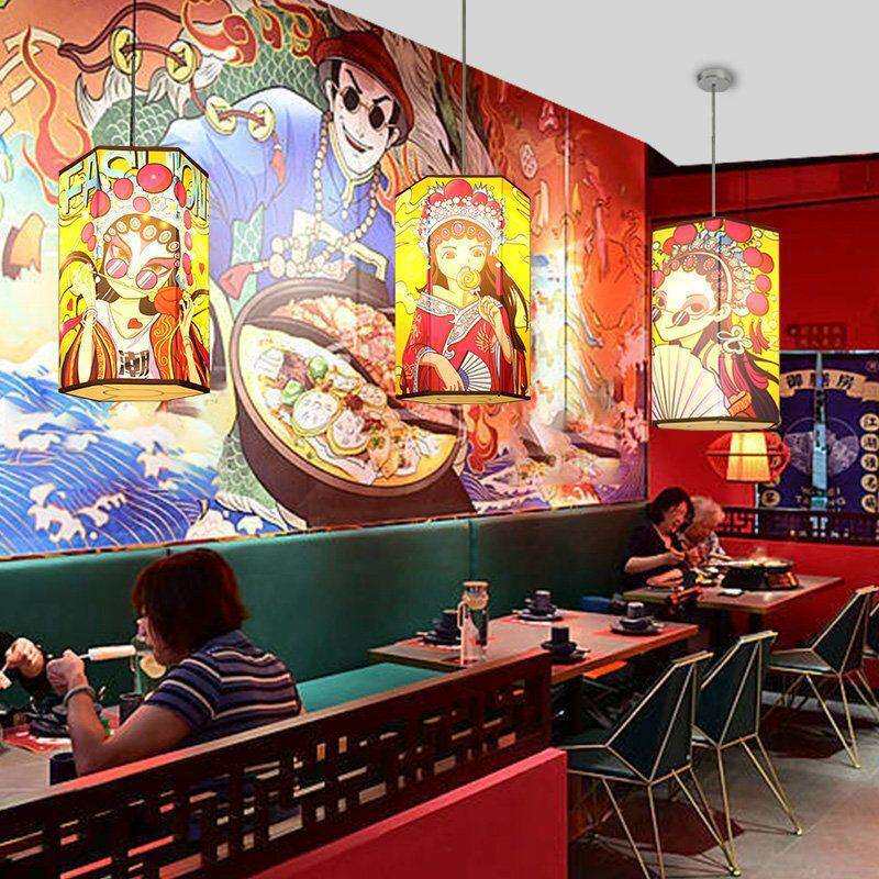 国潮京剧图案圆柱灯笼国风火锅店餐饮走廊布置中式装饰灯灯笼