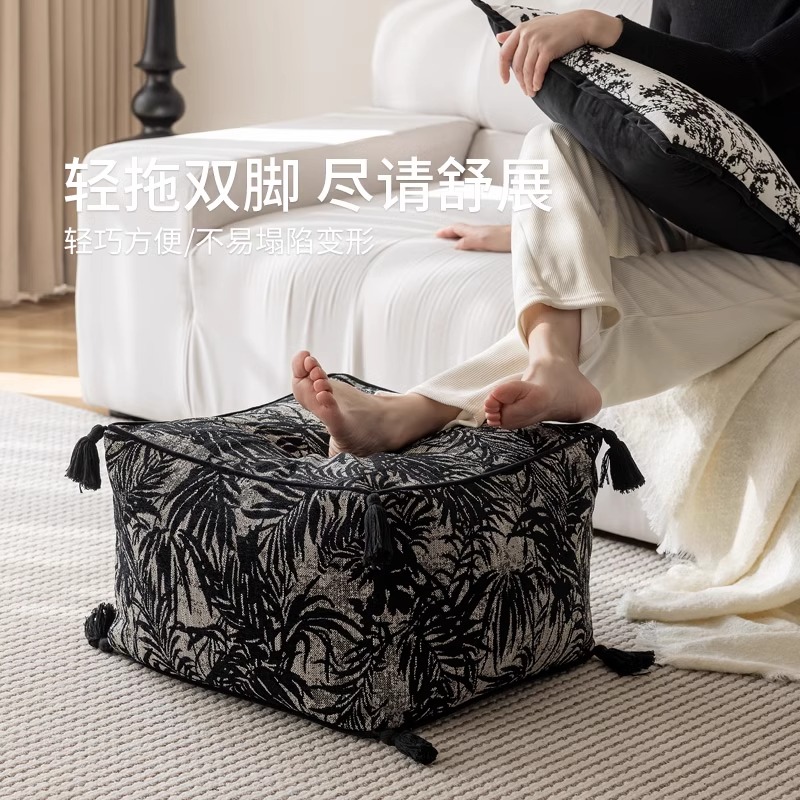 法式黑白复古风坐墩中式水墨刺绣矮凳蒲团懒人沙发客厅地毯坐垫