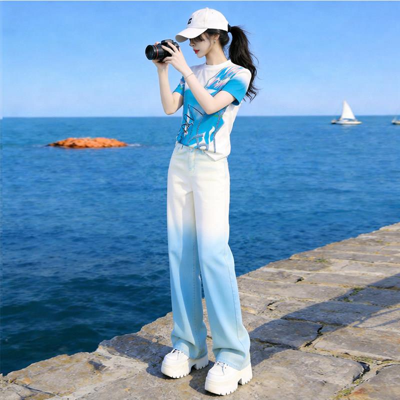 欧洲站休闲时尚套装女2026夏季新款短袖T恤牛仔阔腿裤运动两件套