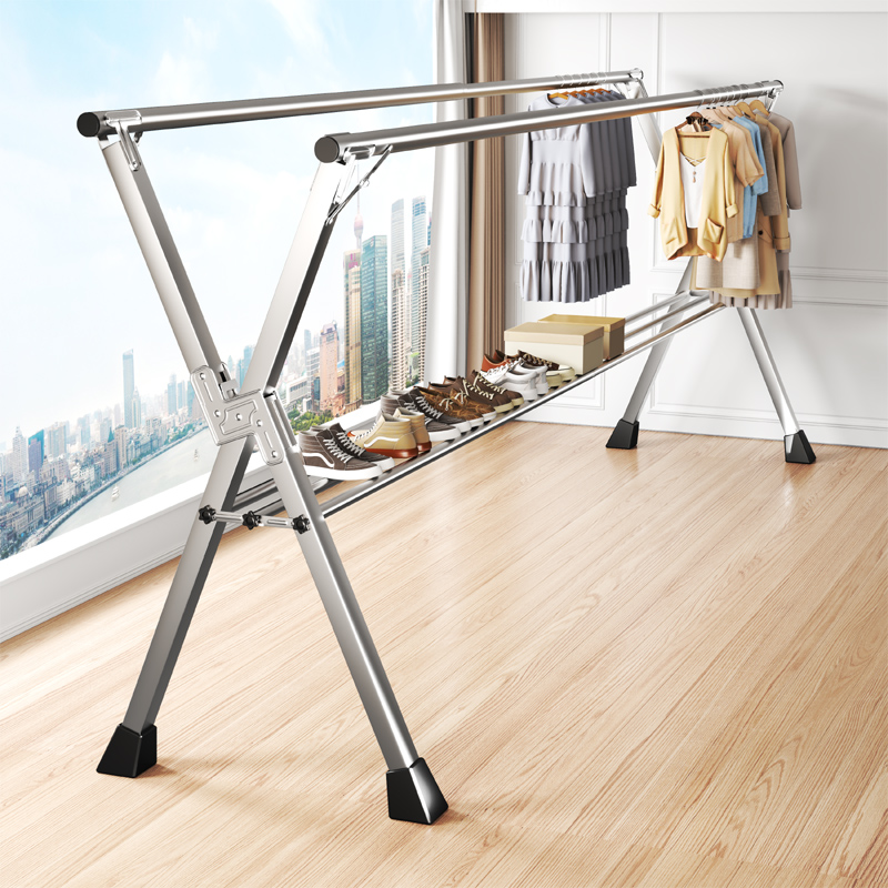 折叠晾衣架落地室内家用阳台卧室不锈钢室外凉伸缩杆式晒被子万百