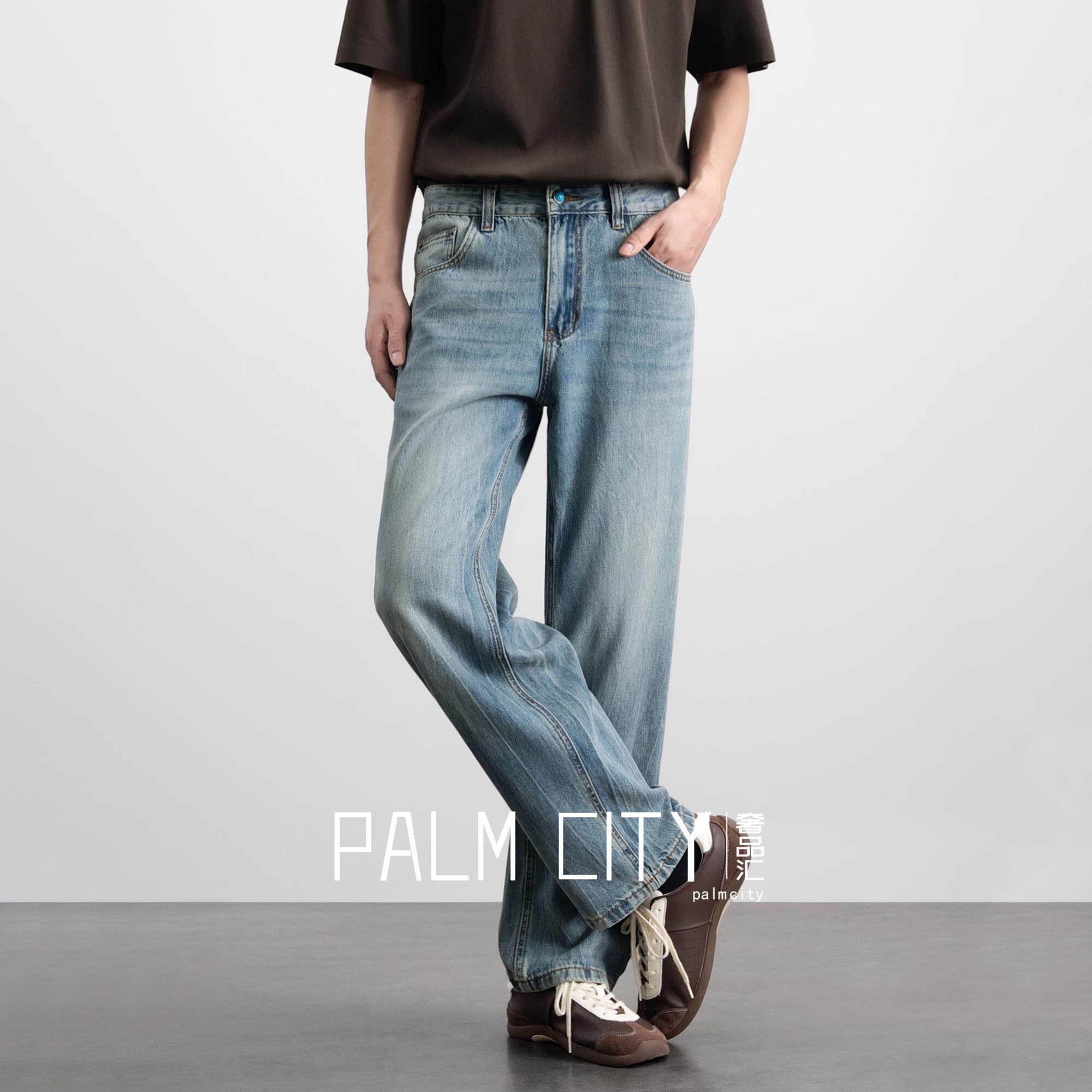 天丝凉感~PALM CITY浅蓝色直筒牛仔裤男夏季新款宽松阔腿裤休闲