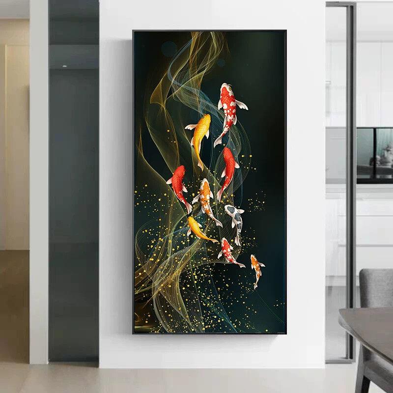 九鱼图入户玄关装饰画新中式招财鳟鱼荷花年年有鱼墙壁画鲤鱼挂画