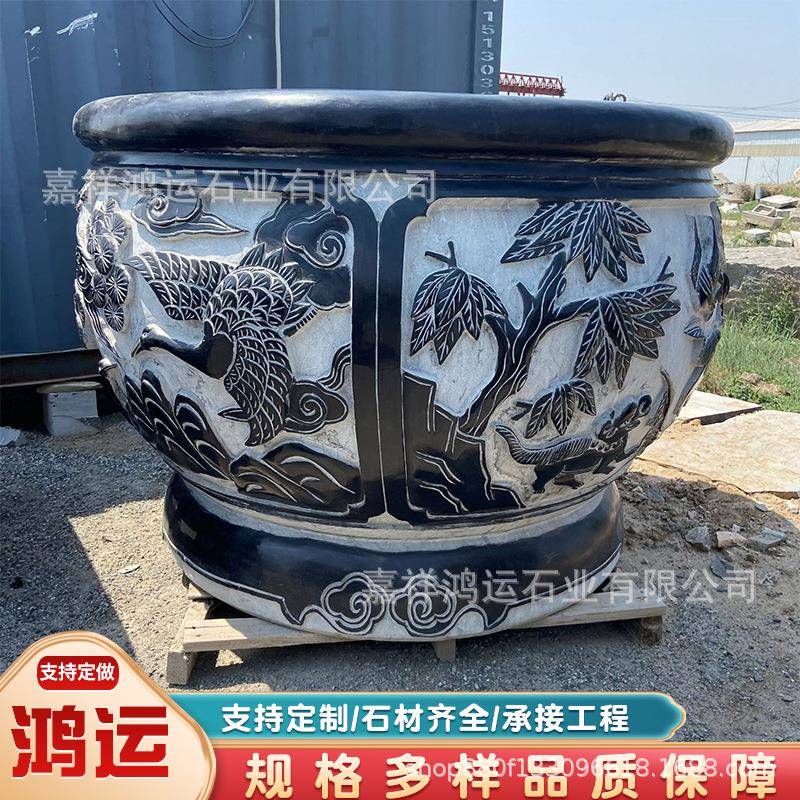 庭院石雕水缸青石鱼缸荷叶莲花摆件仿古大型宅院养鱼鱼缸源头工厂