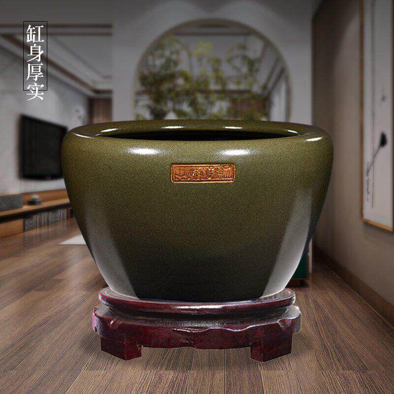 景德镇陶瓷鱼缸养鱼盆手工覆古乌龟缸大号圆缸睡莲盆客厅装饰摆件