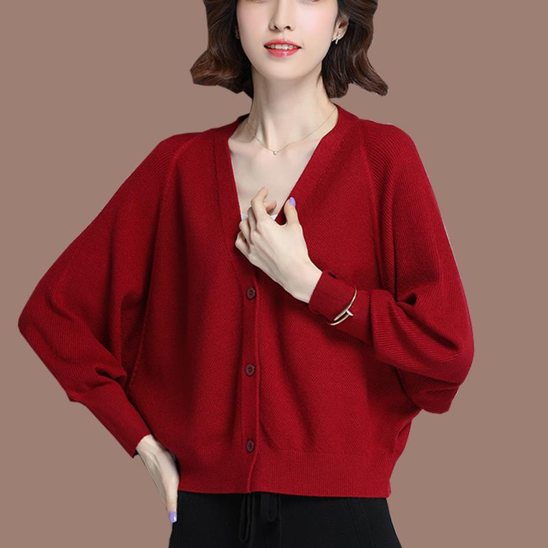 羊毛衫开衫女短款宽松蝙蝠袖针织衫上衣女外穿毛衣外套胖mm蝙蝠衫