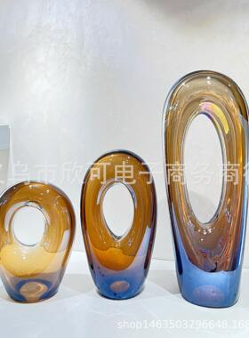 极简样板间现代轻奢水滴状黄黑色琉璃透明摆件售楼部客厅桌面装饰