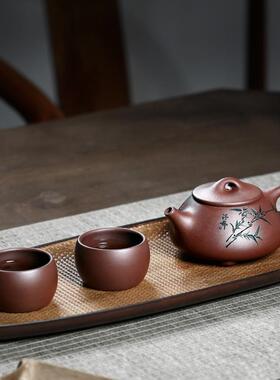 高档 宜兴家手工璐紫砂壶茶壶用茶具晓竹叶石李瓢套装200cc