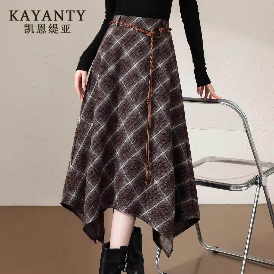 KAYANTY中长款毛呢半身裙女春秋新款高腰垂感A字不规则格子伞裙