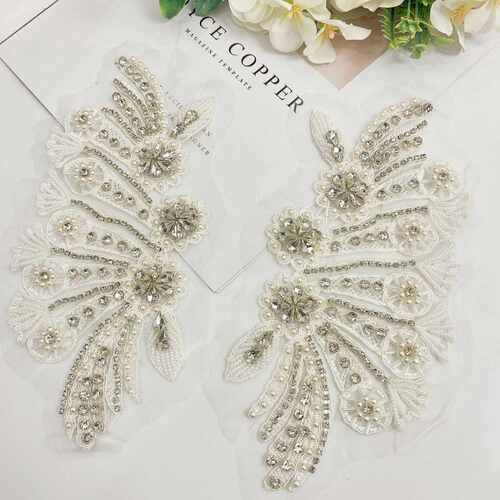 白色重工钉珠手缝钻立体花朵蕾丝花边对花辅料高档服装钻饰贴片