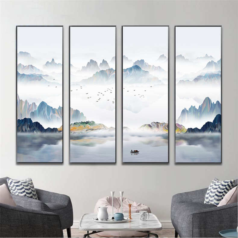 新中式禅意风景画书房装饰画山水意境壁画竖款四联沙发背景墙挂画