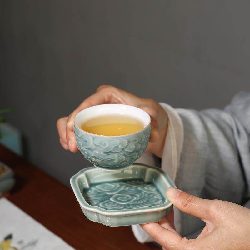 浮雕祥云茶杯垫陶瓷茶具隔热垫纯色功夫茶道配件杯托