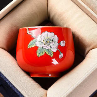 官窑扒花主人杯陶瓷茶碗海棠牡丹品茗杯家用手绘功夫茶具茶杯单杯