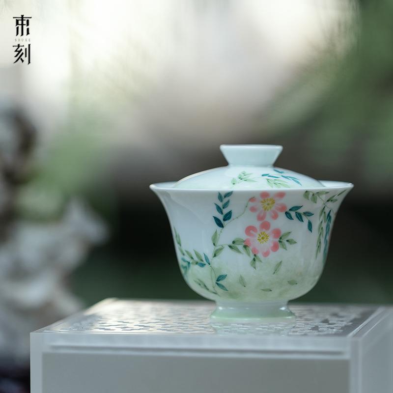 束刻玉泥手绘凌霄花二才盖碗不烫手陶瓷茶具釉下彩古青文人泡茶碗