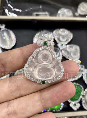 新款冰种玉髓香槟金镀银佛公吊坠白玛瑙富贵感国风绿顶珠大肚佛