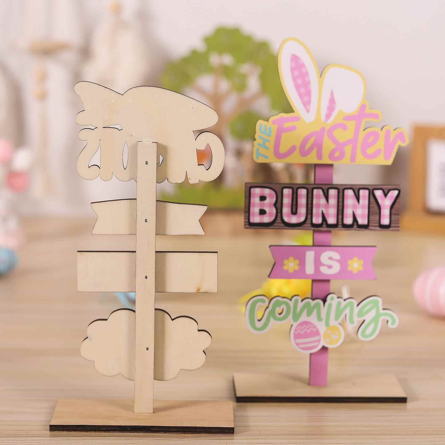 铭冠跨境新款家居装饰 复活节可爱兔子 木质标志创意装饰桌面摆件