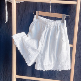 2024春夏季休闲短裤子家居，款打底花边白色，棉质少女口袋宽松舒适款
