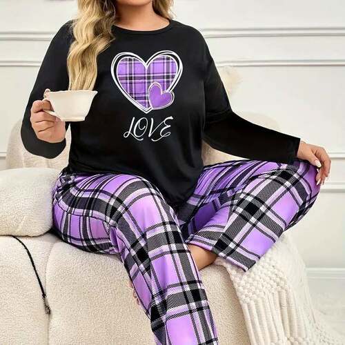 Two Sleeve Heart Plaid Print Tee Bow Pants Pyjamas Set