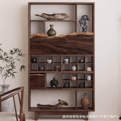 复古怀旧榆木博古架多宝阁客厅储物边柜实木茶室茶具收纳储物柜