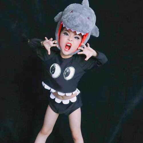 鲨鱼宝宝儿童演出服珍妮舞蹈鲨鱼来瞭表演服小动物头套帽子衣服装