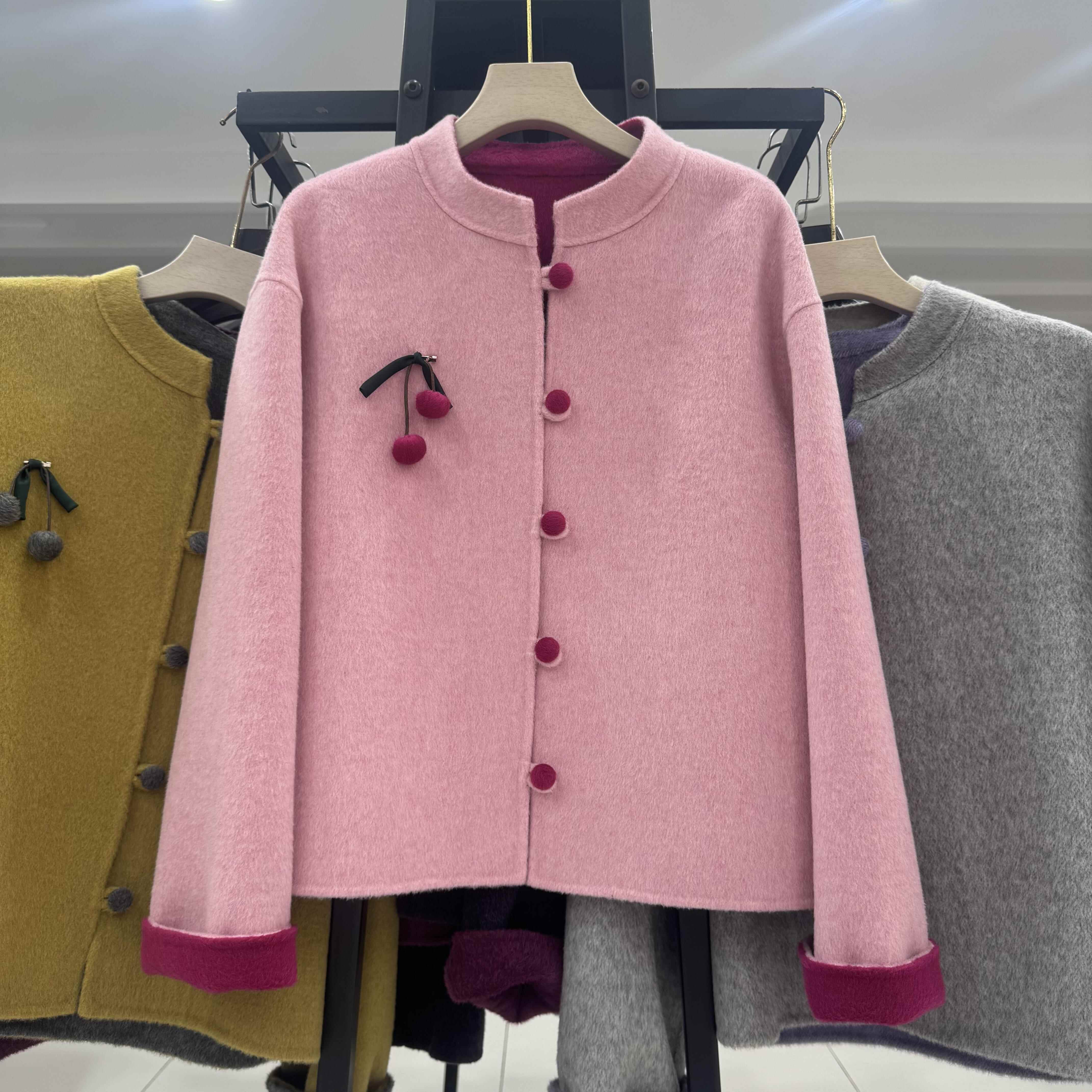 新中式2025秋双面羊绒大衣女短款韩系设计感超好看小个子毛呢外套