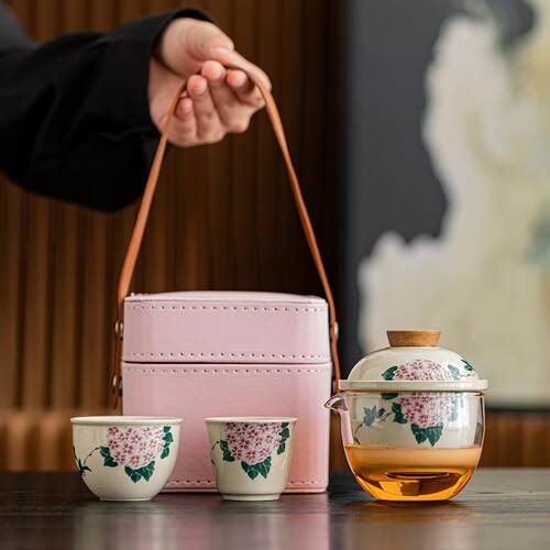 绣球花｜女士旅行茶具小套一壶两杯颜值户外露营便携式快客杯礼品