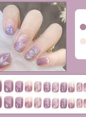 高级感爆闪紫色猫眼纯欲风蝴蝶亮片美甲手工定制显白短梯款