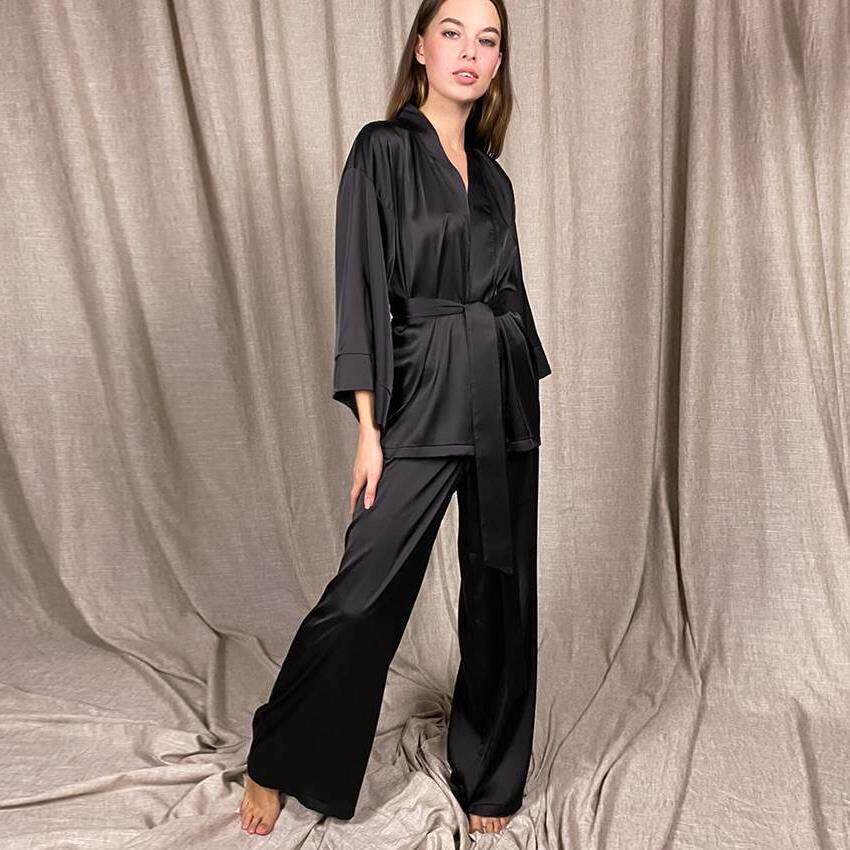 缎长袍套装浴袍为妇女睡衣时尚春季202
