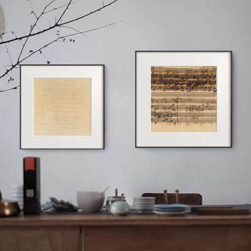 贝多芬手稿文艺复古装饰画音乐琴房壁画客厅玄关巴赫方形卡纸挂画
