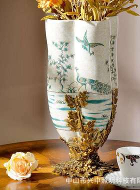 欧式陶瓷花瓶镶铜软装别墅奢华玄关摆件全铜大号花器工艺品摆设
