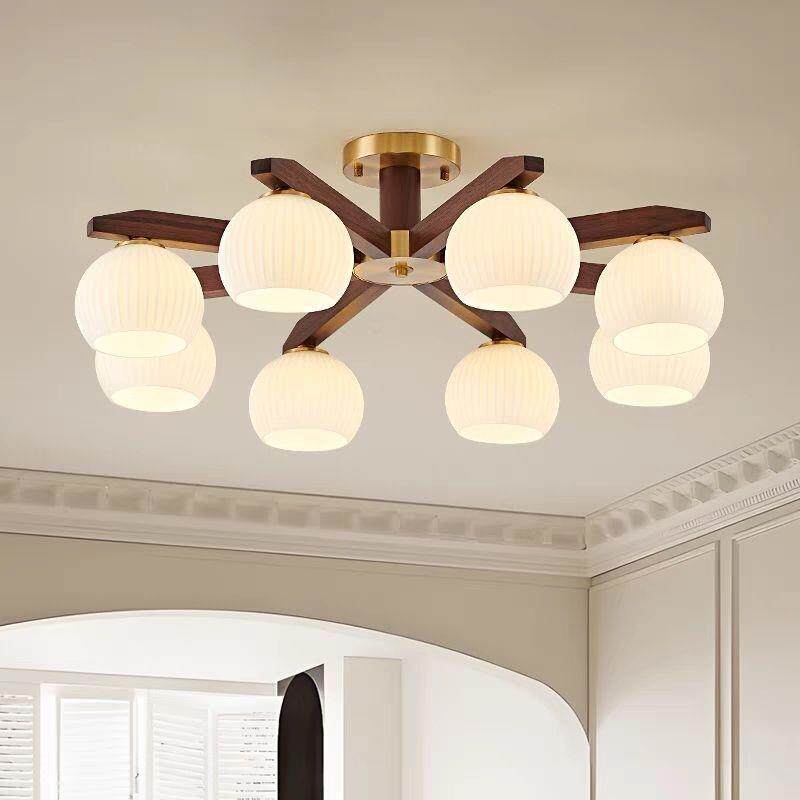 新中式客厅吊灯黑胡桃木现代中古风奶油风大厅吸顶主灯中国风全铜