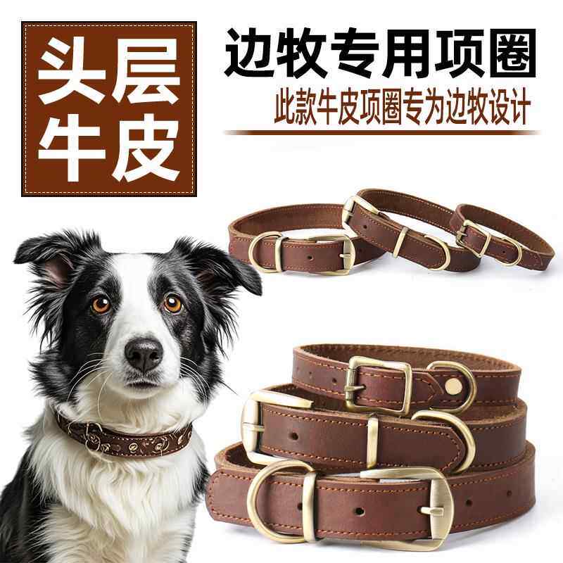 边牧专用真皮狗项圈脖圈脖套颈圈牵引绳牛皮定制刻字狗牌中大型犬