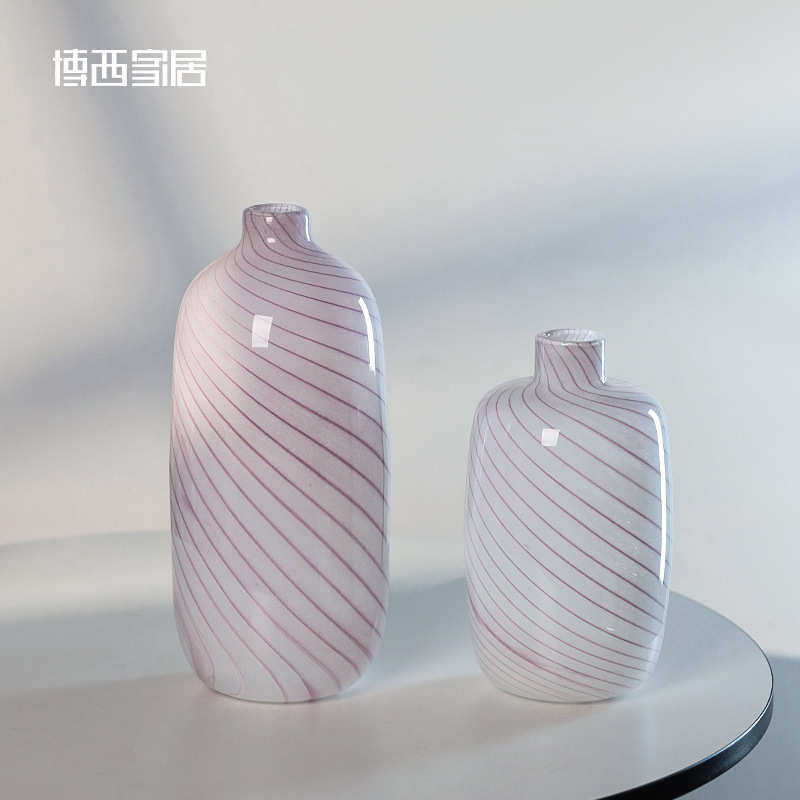 花摆件玻璃葫芦博家居西花瓶软器家居水培条纹饰品 粉色小口装装