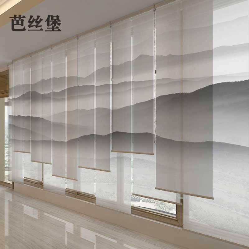 A10L卷帘窗帘升降半透明新中式软隔断悬挂屏风山水客厅酒店办公室