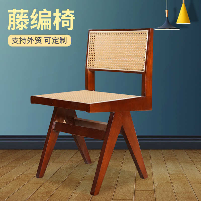 餐厅家用椅子靠背椅复古实木椅子网红北欧家用餐厅民宿酒店藤编椅