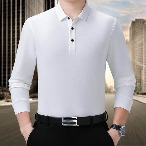 色秋季丝光2501-LL棉长恤中青年士翻领休闲袖爸爸装纯体男恤衫