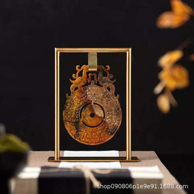 新中式样板间书房展示柜陈列家具玄关天然玉璧摆件酒店搭配装饰品