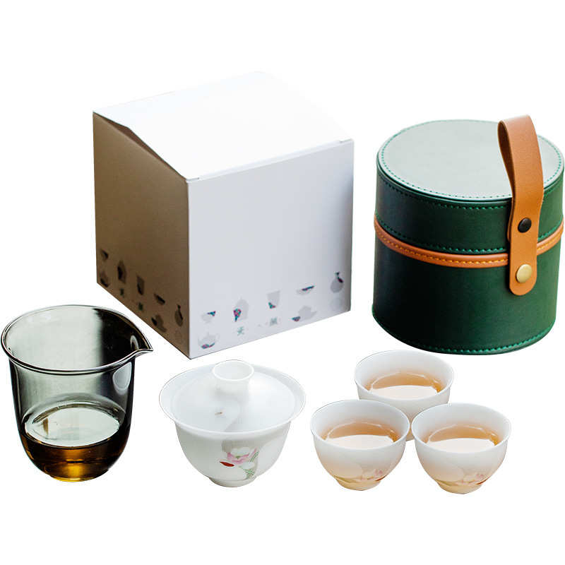 冰种玉瓷盖碗旅行茶具套组陶瓷泡茶碗茶杯整套户外便携功夫茶具