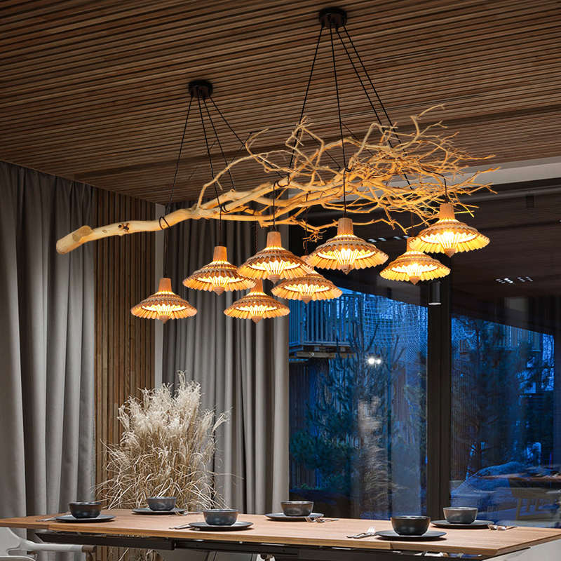 日式树枝吊灯实木创意个性饭厅竹艺竹编装饰吧台前台茶室民宿装饰