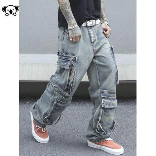 Men Loose Jeans Street Cargo Pocket街头牛仔裤