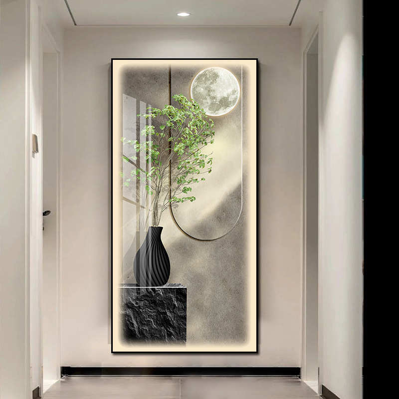 简约led带灯入户玄关装饰画简约现代挂画走廊尽头过道壁画竖版灯