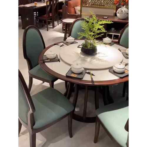 新中式全实木圆形餐桌乌金木转盘圆桌家用饭店两用软包椅子组合