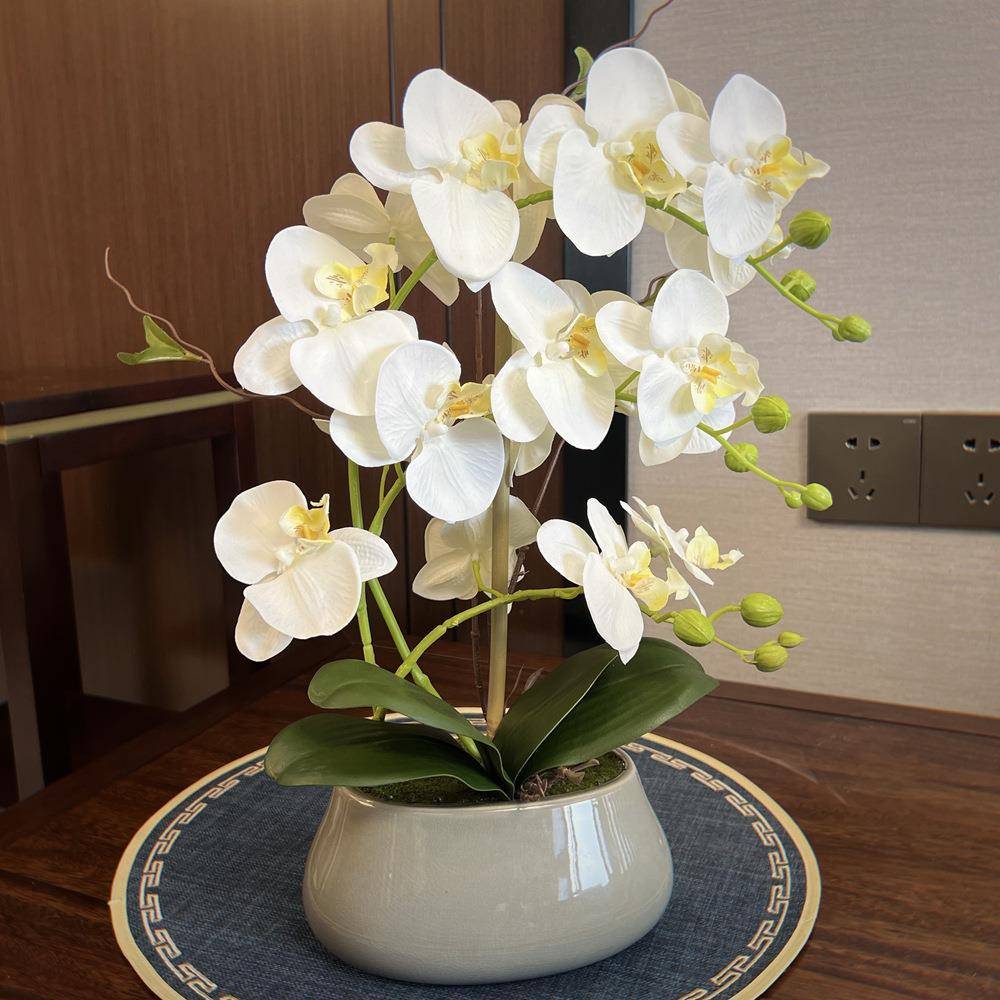花蝴蝶兰套装手感假花盆栽客厅餐桌摆放绢花中式陶瓷花卉摆件