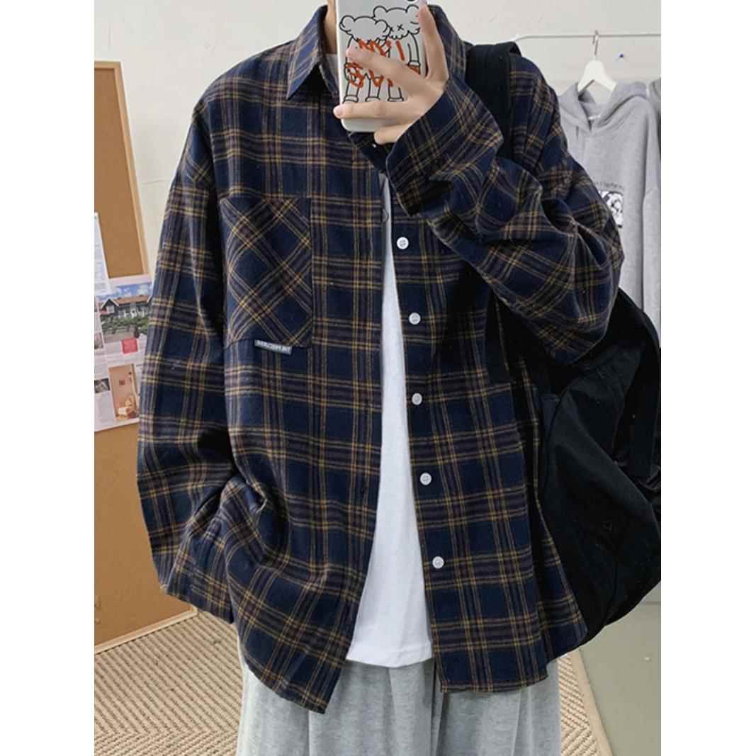 格子长袖衬衫男春秋宽松韩版潮休闲覆古痞帅外穿磨毛寸衫衬衣外套