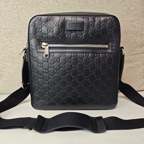 95新 Gucci古驰经典黑色双G邮差包单肩斜挎包男包女包奢侈品
