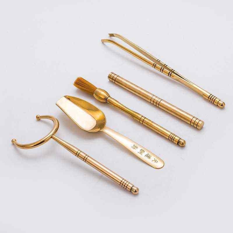 纯铜茶道六君子套装 黄铜功夫茶具配件茶夹 茶勺养壶笔纯铜五件套