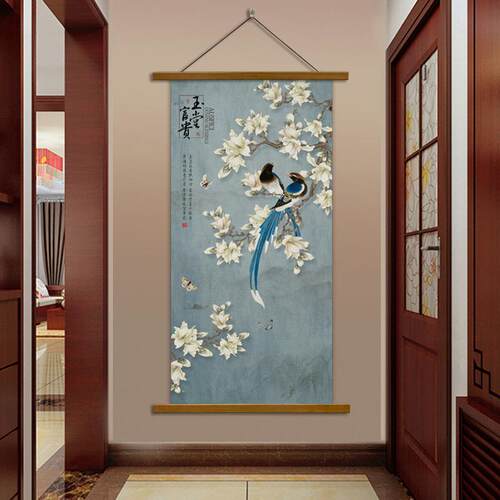 5ZW新中式挂画花鸟喜鹊布艺无框画客厅玄关走廊装饰画竖版风壁画