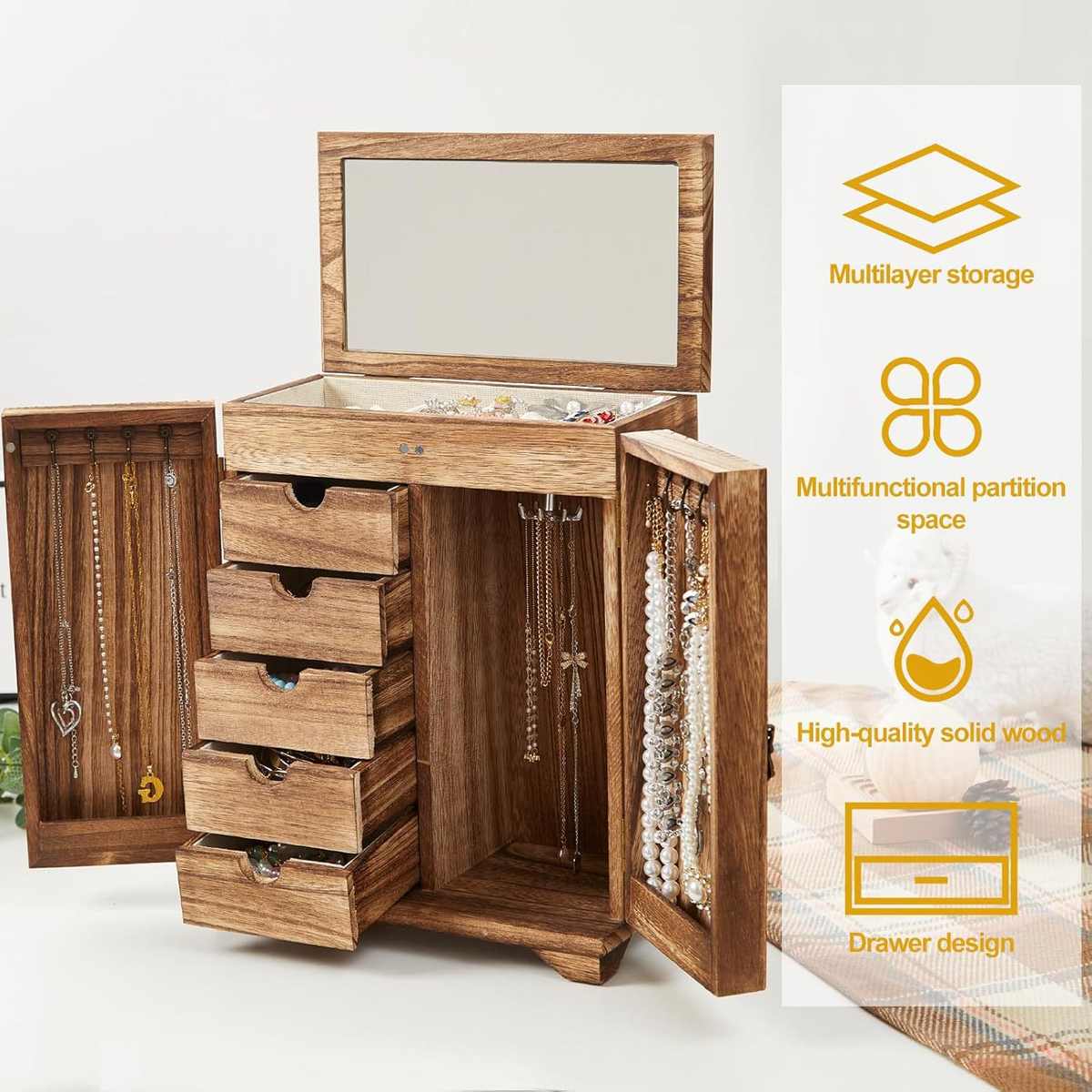 复古木质桌面首饰收纳盒多层立式珠宝盒抽屉盒实木带镜子储物盒
