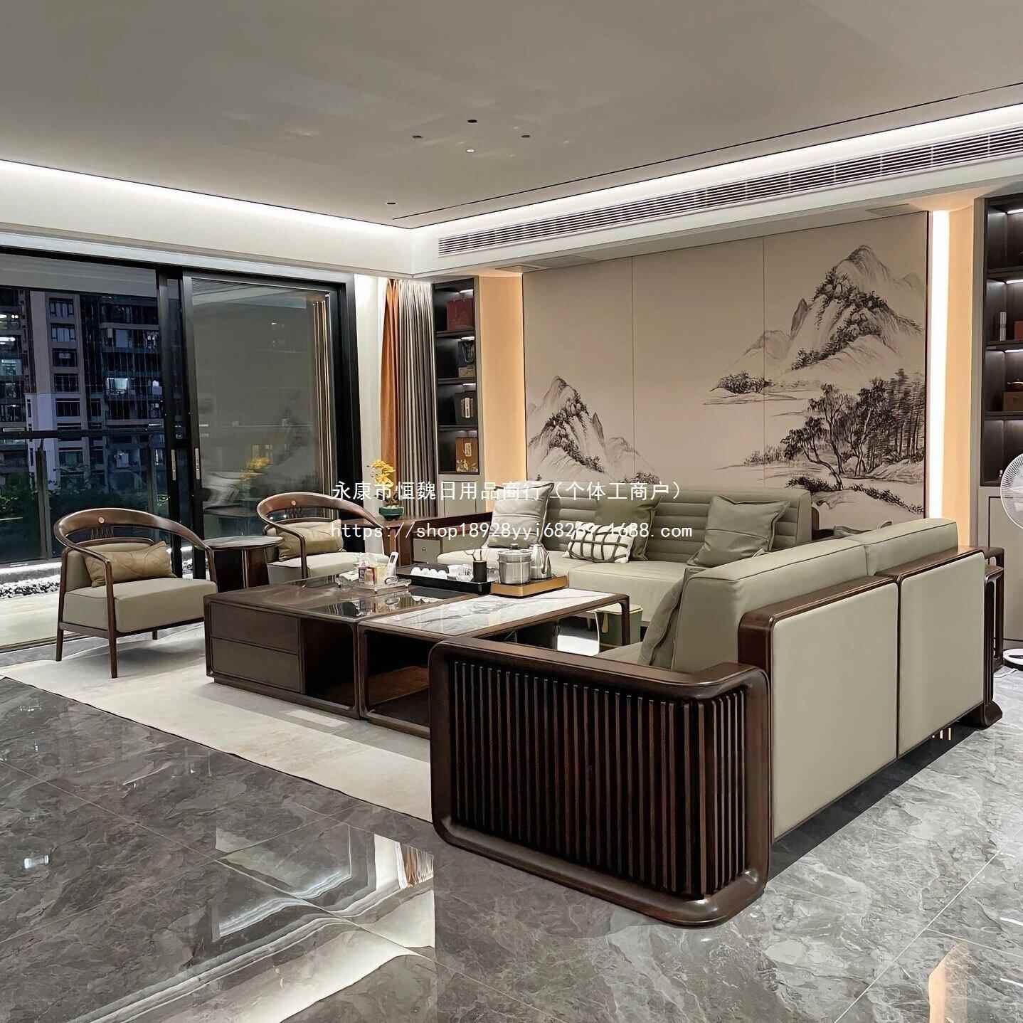 现代简约北美黑胡桃木布艺实木沙发北欧小户型客厅新中式中古沙发