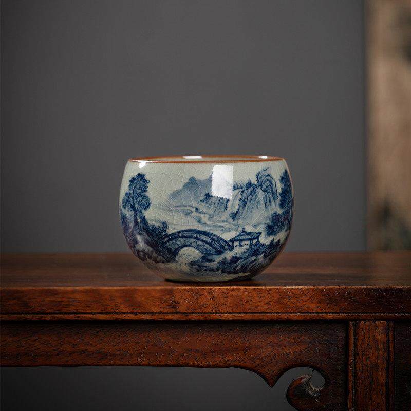 老陶泥柴烧青花山水主人杯景德镇陶瓷茶杯茶具高档手绘品茗杯个人
